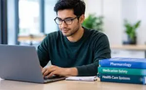 student preparing for pharmacy assistant diploma exam