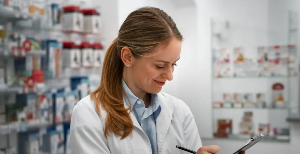 a pharmacy assistant is working in a drugstore